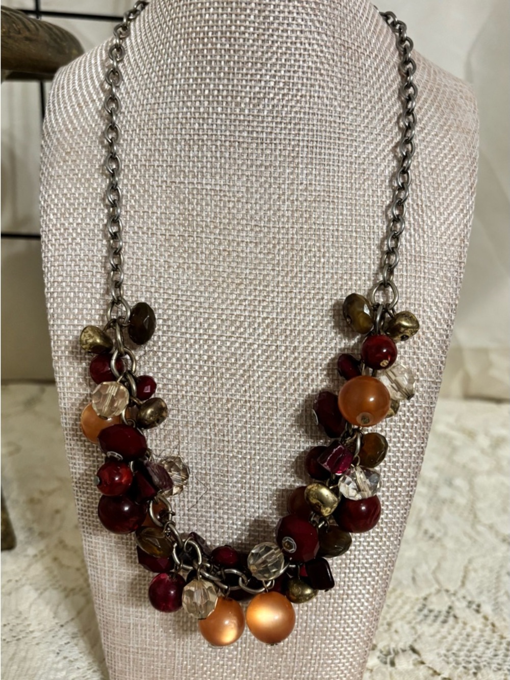 Multicolor Cluster Bead Necklace - Burgundy, Amber, Gold